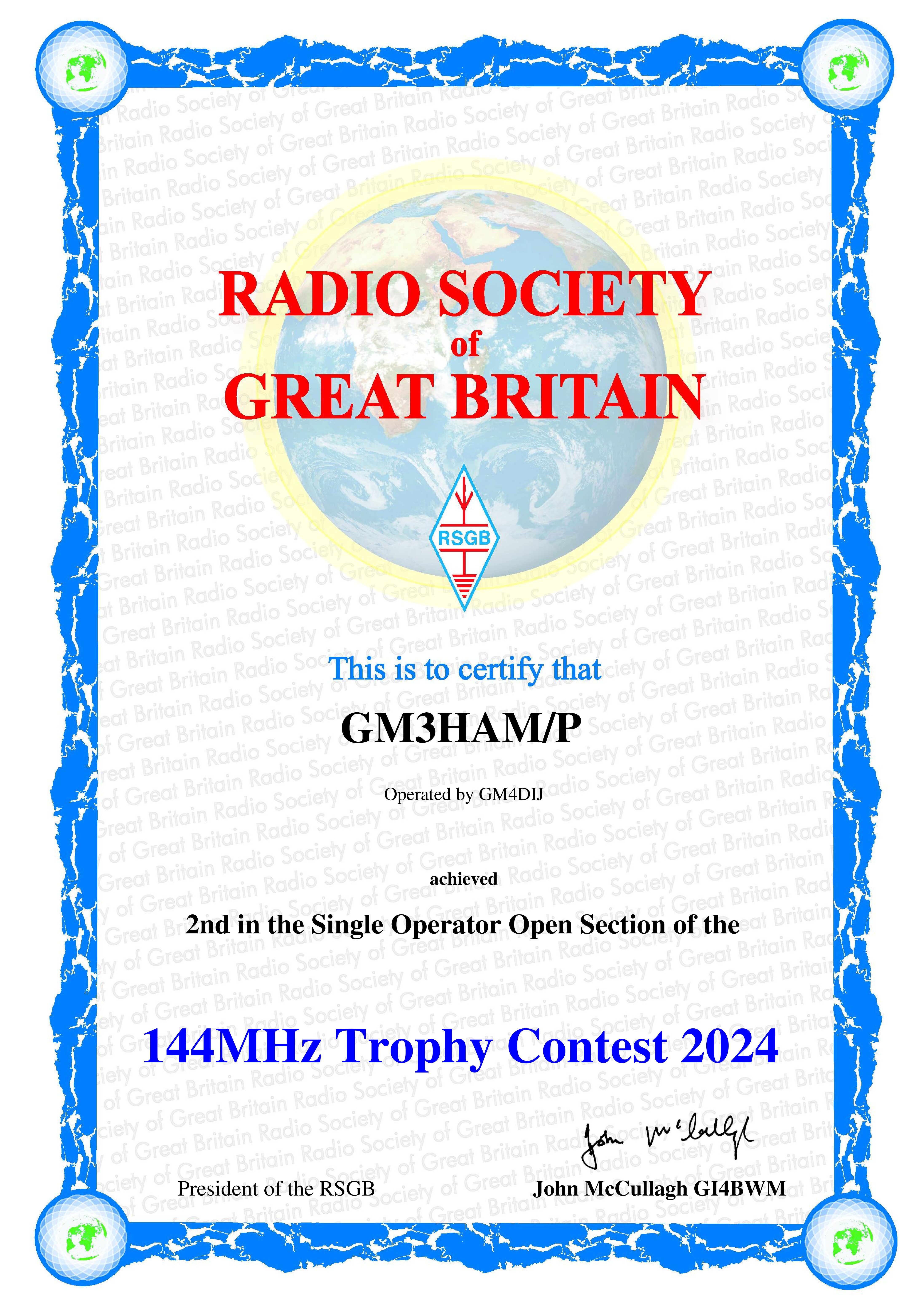 5 Oct 2024 – Brian GM4DIJ wins 2nd Place  in RSGB 144MHz Trophy Single Operator Open Section GM3HAM/P